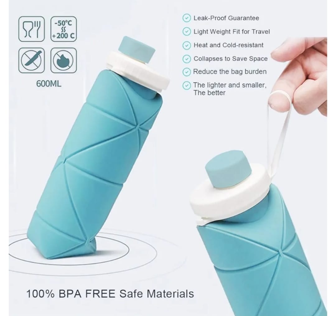 Silicone Foldable Portable Lightweight Reusable Water Bottle with Leak-Proof Lid & Lanyard for Outdoor Travel Cycling Gym & Camping